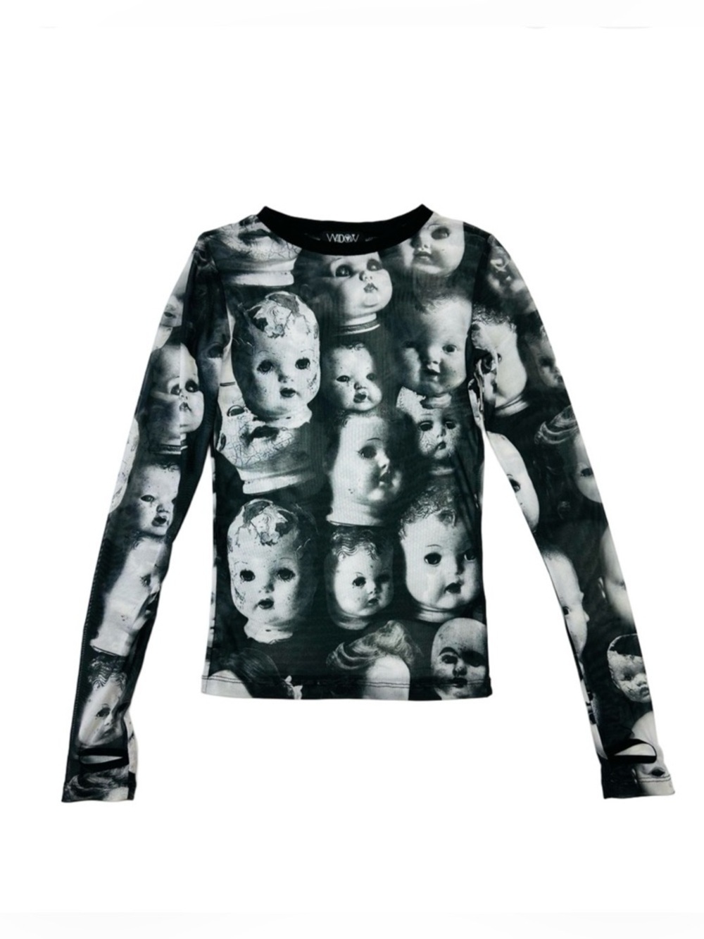 Creepy Doll Head mesh top Womens XS long sleeve Goth Punk Emo stretchy